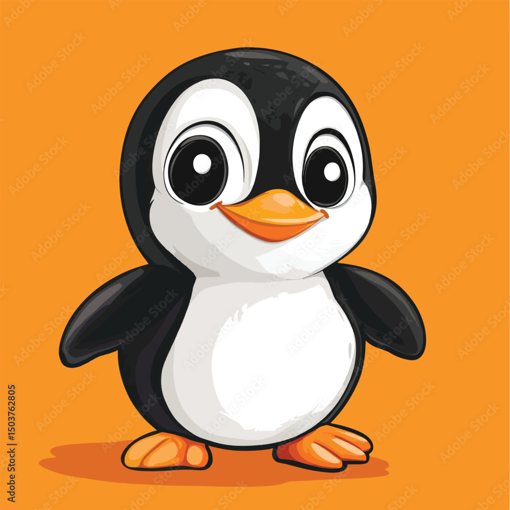 Fototapeta premium Cartoon Penguin with Large Eyes and Orange Feet Standing Upright
