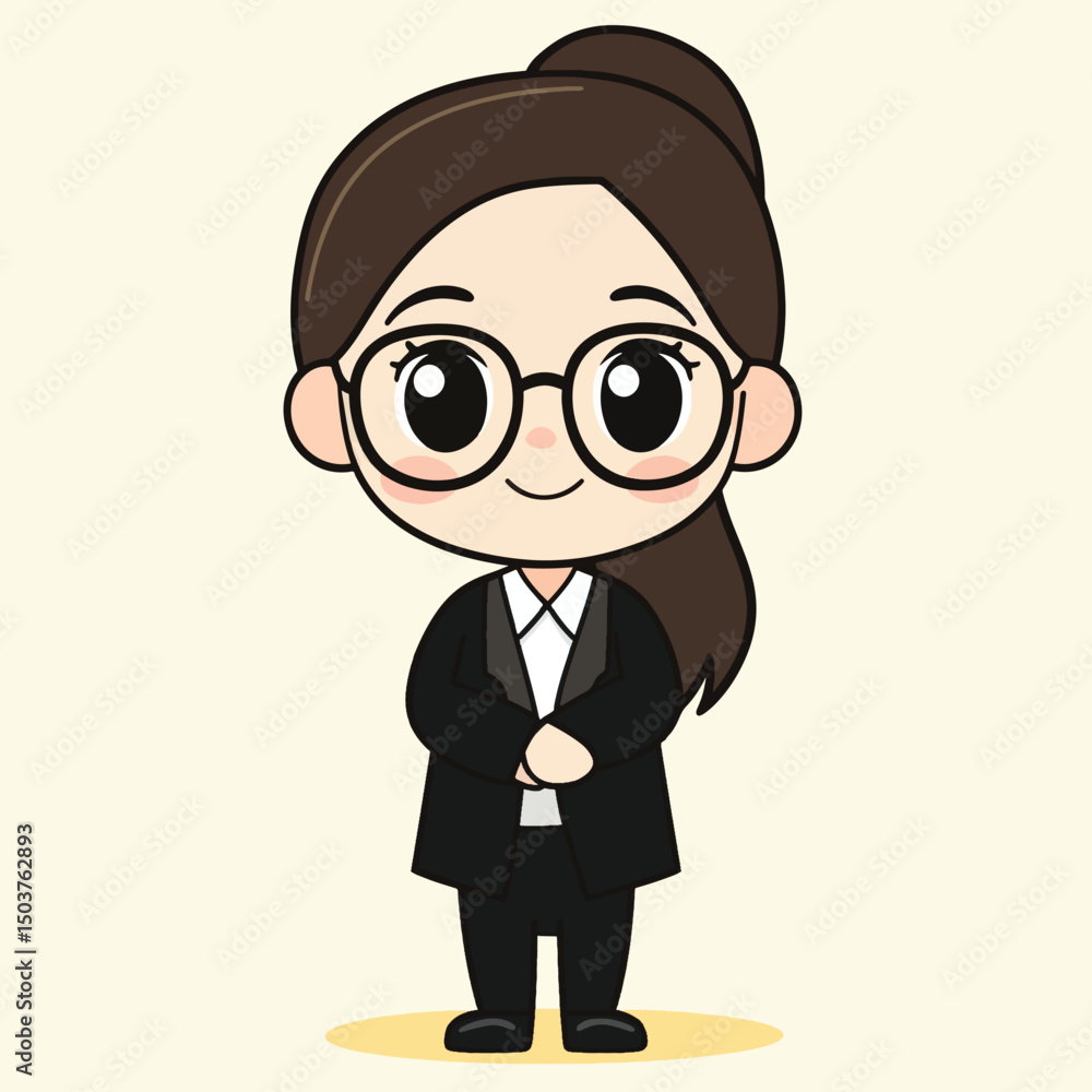 Cartoon Woman with Brown Hair Round Glasses and Black Business Suit Cartoon Woman with Brown Hair Round Glasses and Black Business Suit