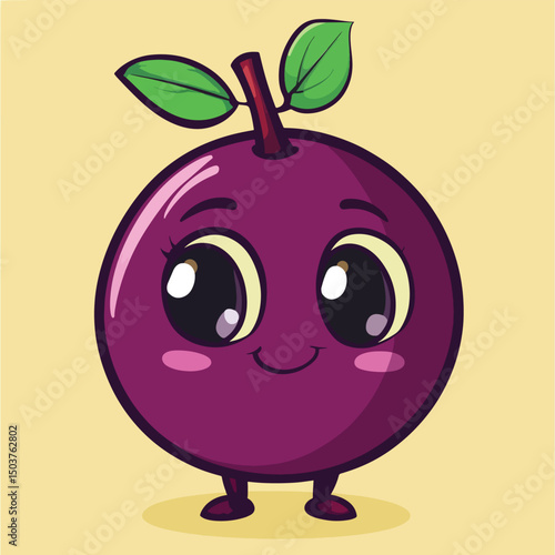 Cartoon plum character with big eyes small feet and a happy smile