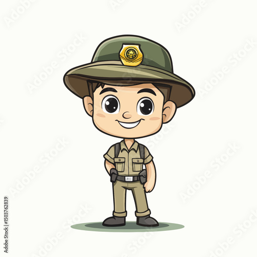 Cartoon Ranger with Safari Hat and Uniform Smiling with Hands on Hips