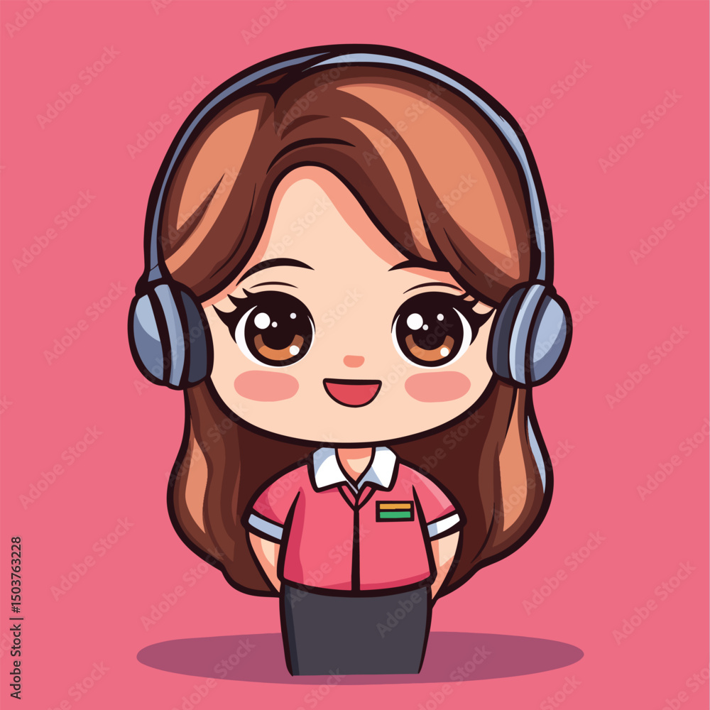 Obraz premium Cheerful Anime Girl Wearing Headphones and Pink Shirt