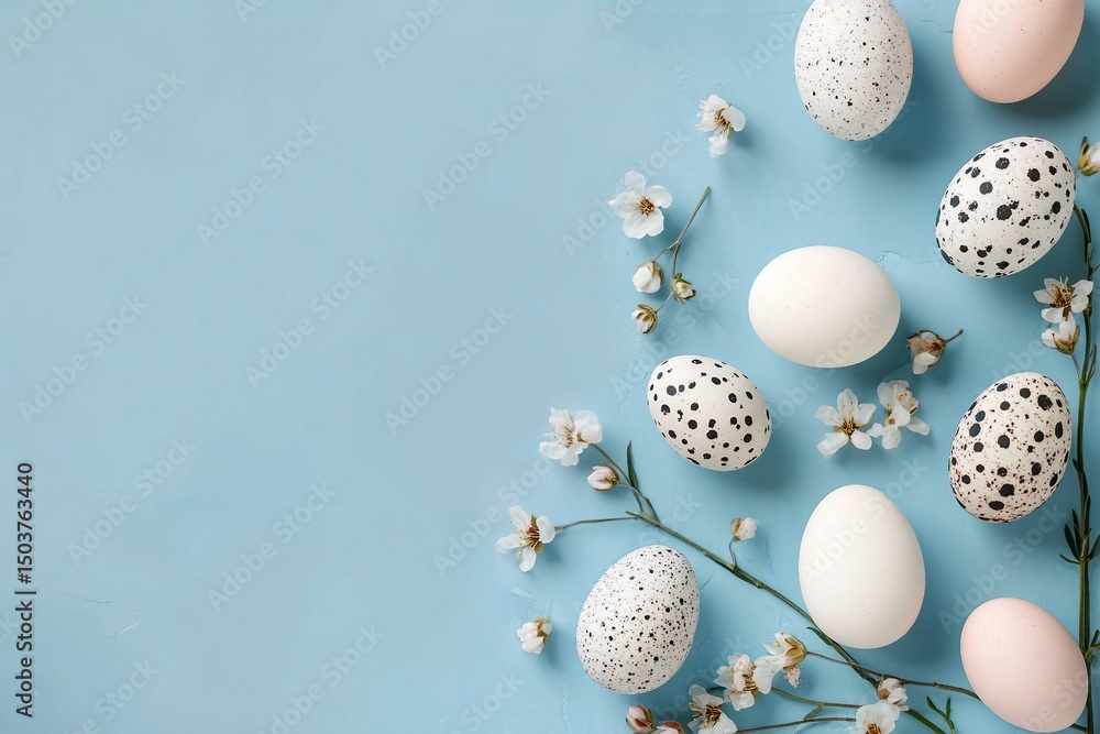 Fototapeta premium Web banner with Easter eggs and flower blossom over blue table background. Top view