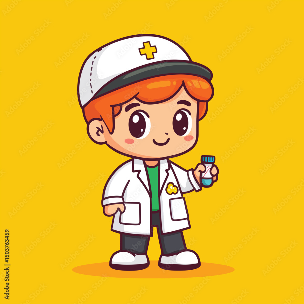Cheerful Cartoon Boy Doctor Holding a Vial Cheerful Cartoon Boy Doctor Holding a Vial
