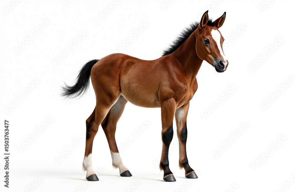 Fototapeta premium Panoramic illustration of adorable young brown foal isolated on white background. Cute purebred horse stands alone. Baby equine animal with lovely eyes. Equestrian theme.