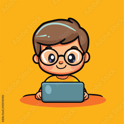 Cheerful Boy with Glasses Using Laptop Computer