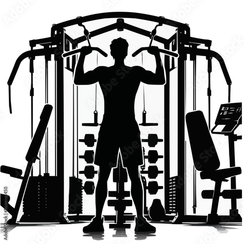 Illustration of Fitness Activity at Gym - Modern Flat Style, Vector illustration of people exercising at a fitness center with gym equipment such as treadmills and dumbbells. The flat design is suitab