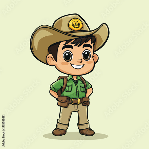 Cheerful Cartoon Boy Explorer with Backpack and Hat