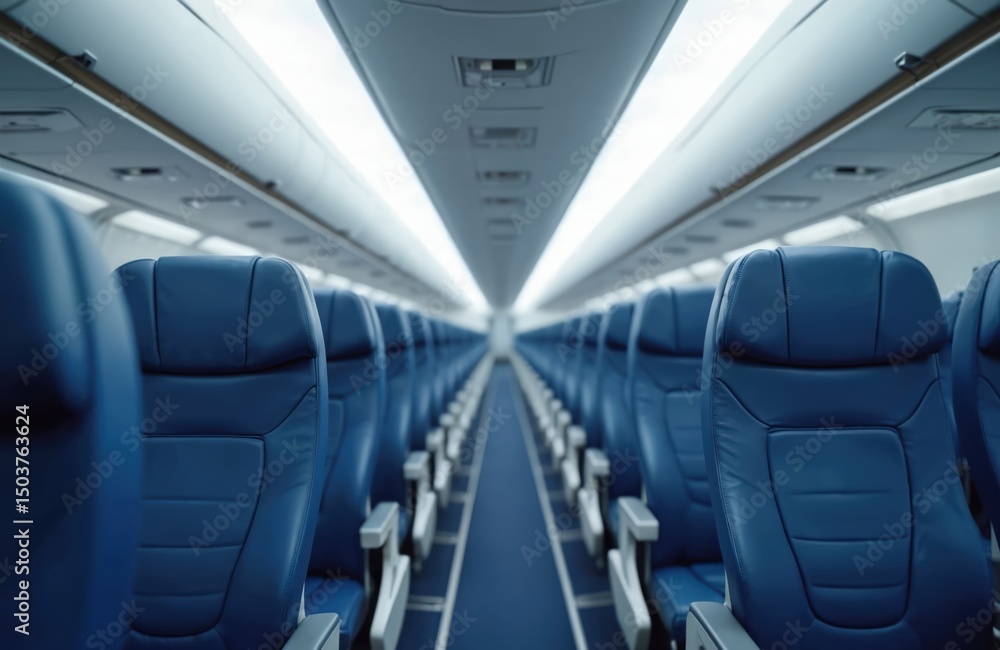 Obraz premium Aircraft interior view with rows blue seats. Corridor with overhead compartments leads to rear of cabin. Airplane interior with passenger seats. Travel concept.