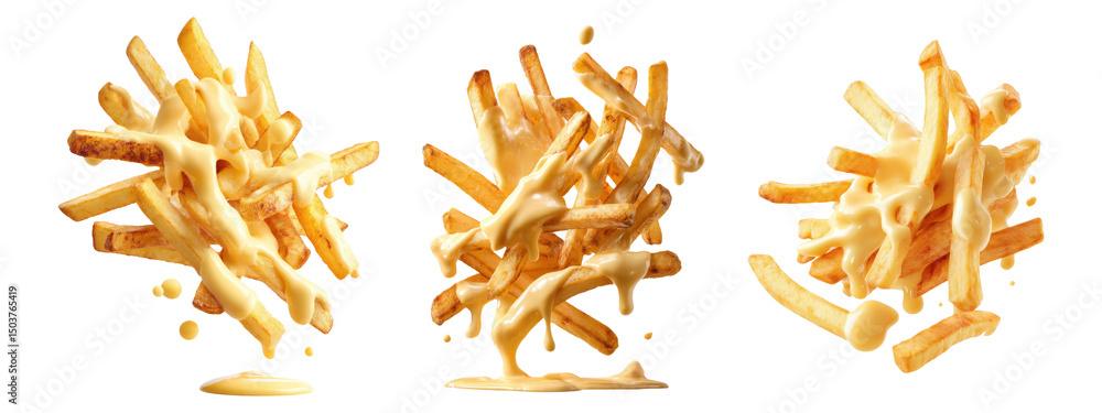Obraz premium Set of French fries with melted cheese isolated on transparent background