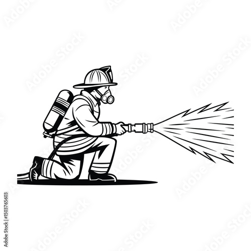Firefighter Spraying Water – Vector Illustration of Emergency Hero in Action
