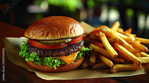 Delicious burger and fries on rustic wood