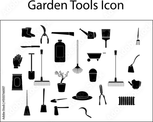 Gardening tools solid icons set – flat, filled, horticulture and cultivation design