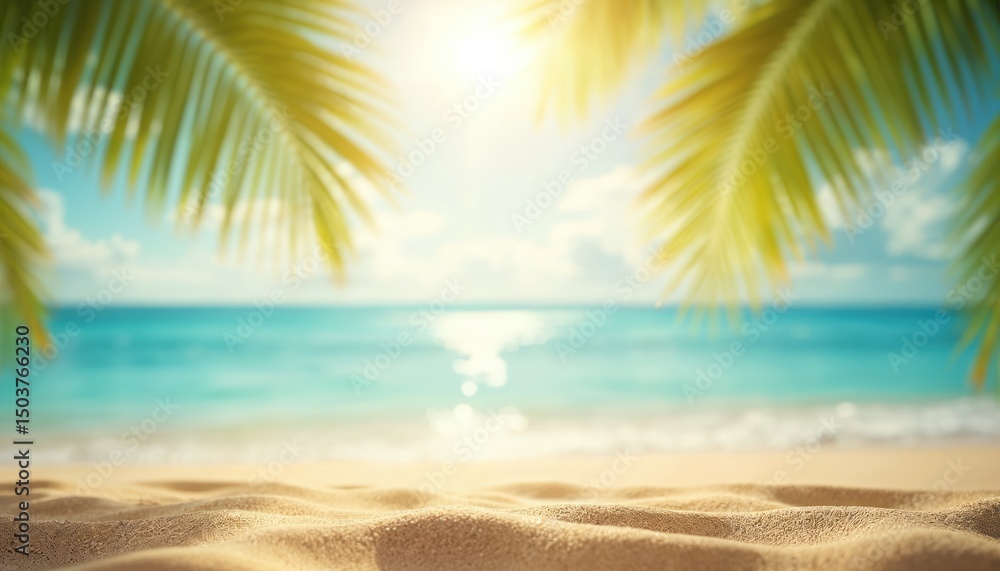 Obraz premium Blurred beach scene featuring gold sand clear water, sunlight, palm leaves. Bright sky creates summer vacation vibe. Tropical shore ideal for travel, holiday, coastline, leisure, idyll. Relax,