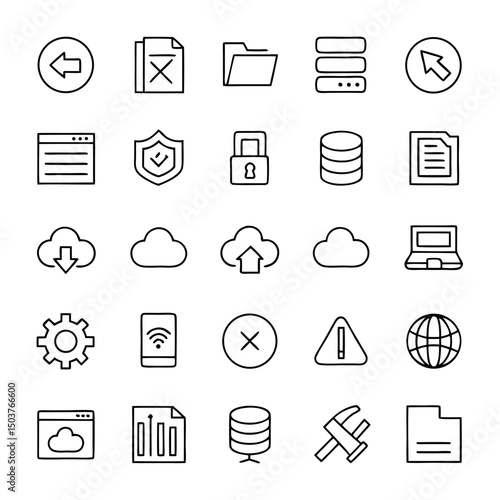 Set of line icons related to data exchange, traffic, files, cloud, server. Outline icon collection. Editable stroke. Vector illustration