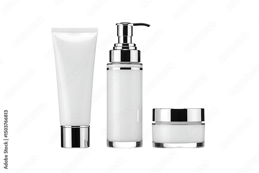 Obraz premium A collection of elegant white skincare containers including a cream jar, pump bottle, and cosmetic tube with shiny silver accents, isolated on a transparent background for beauty product branding