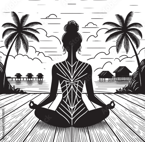 Silhouette of woman practicing yoga on the beach. Vector illustration..eps