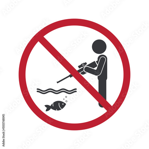 Isolated prohibition sign of fishing with a speargun, warning not to shoot fish with rifle