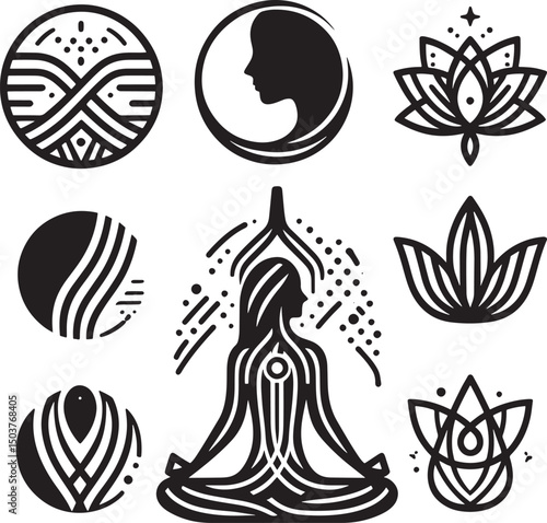 Set of yoga logos and icons. Black and white vector illustration.eps