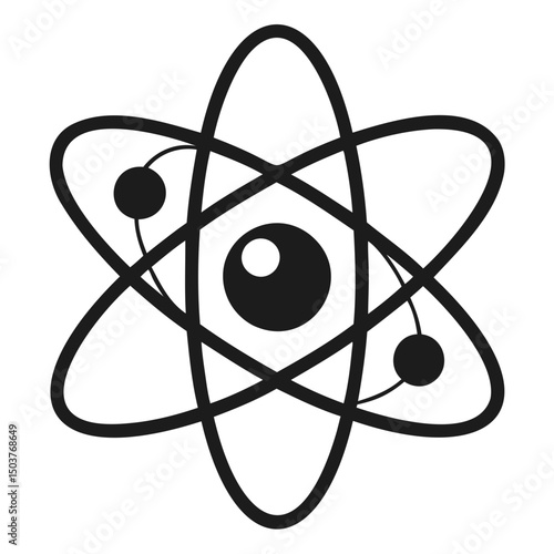 A stylized black and white atom with orbiting electrons and a central nucleus depiction for science