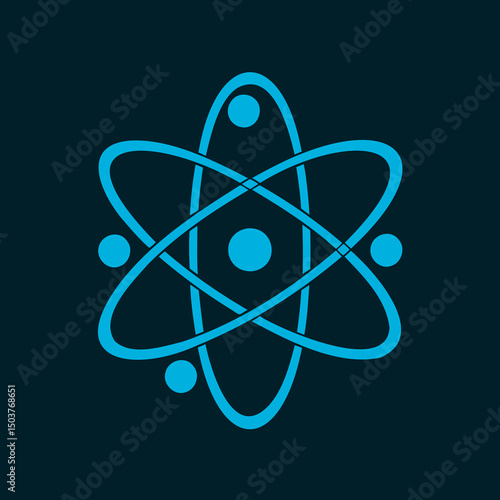 Illustration of a light blue atom with electrons orbiting a nucleus on a dark blue background