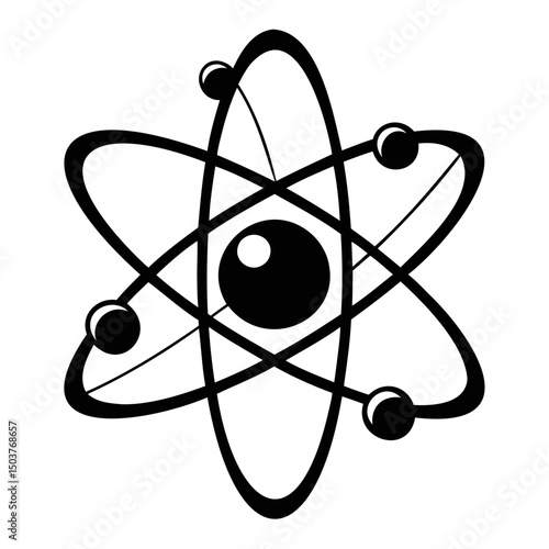 Illustration of a black and white atom with orbiting electrons and a central nucleus shown clearly
