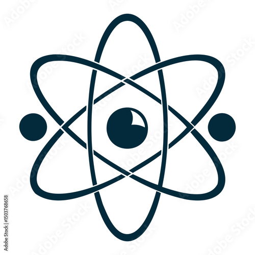 Illustration of a stylized atom with nucleus and orbiting electrons in a dark blue color scheme design