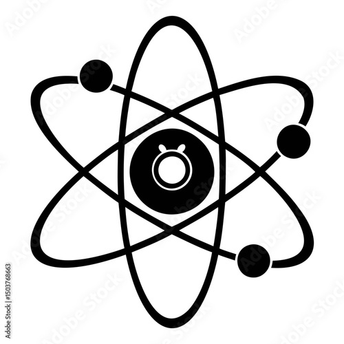 Illustration of a black atom with three electrons orbiting a nucleus on a white background design image