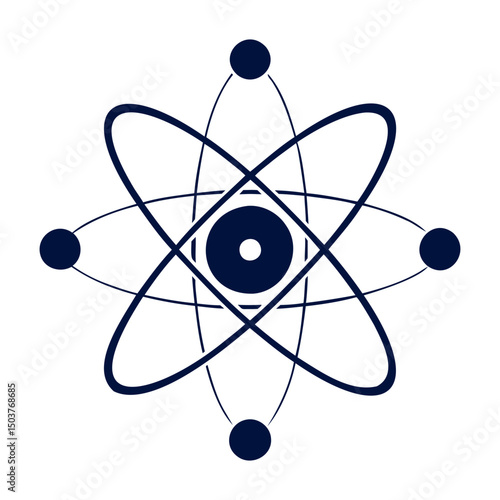 Illustration of a stylized atom with orbiting electrons and a central nucleus design element present