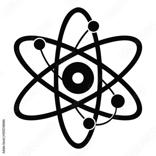 Illustration of a black and white atom with three orbiting electrons and a central nucleus design