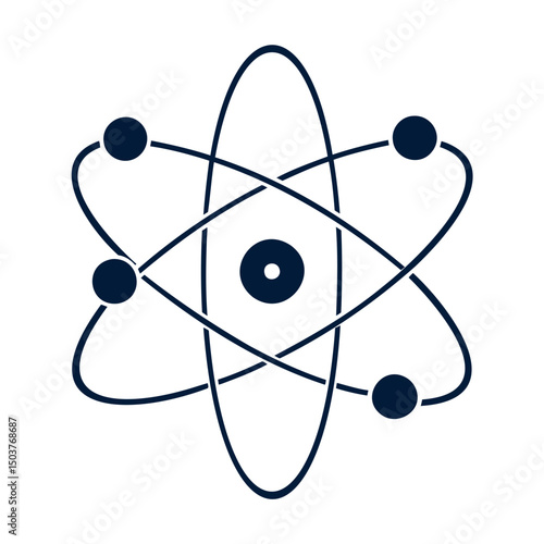 Illustration of a simplified atom model with nucleus and orbiting electrons in a dark blue color