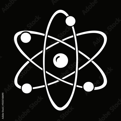 White atom model with electrons orbiting the nucleus on a black background in a science illustration