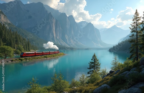 Scenic train travels along turquoise lake with mountains. Passenger train on rails, scenic route. Green trees, blue sky, clouds, adventure, exploration, railway heritage travel, tourism.