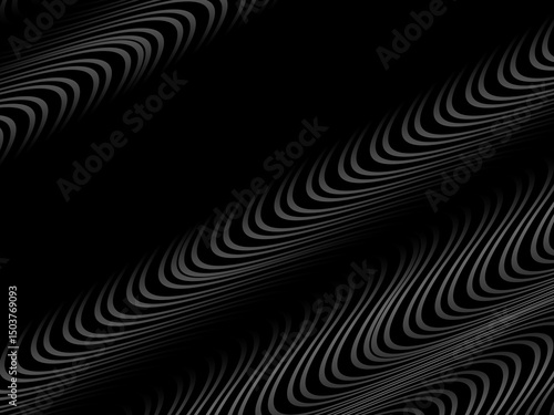 Black abstract background design. Modern wavy lines (guilloche curves) pattern in monochrome colors. Premium line texture for banner, business background. Dark horizontal vector template.