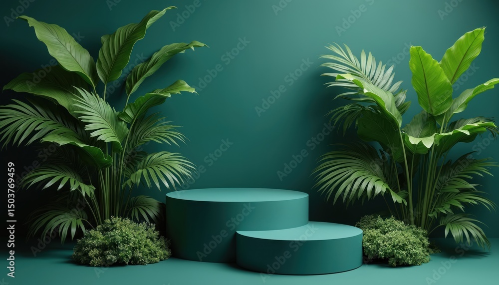 Fototapeta premium Modern product showcase presentation with green leaves, podiums. Rich green plants, tropical plants create backdrop. Cylindrical platform stage to display product, cosmetics. Empty showroom space for