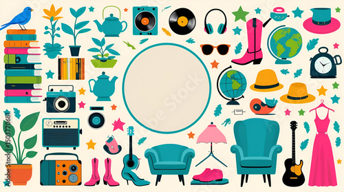 The illustration features vintage and household objects in a playful, bold, and cheerful style, arranged in a rectangular frame layout, creating a cozy and eclectic feel.