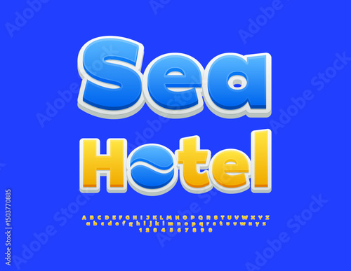 Vector Travel concept Sea Hotel with Artistic Element. Summer Yellow Font. Classic Alphabet Letters and Numbers set.