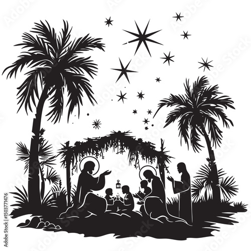 Holy night of birth of child jesus christ silhouette , black silhouettes isolated on white background