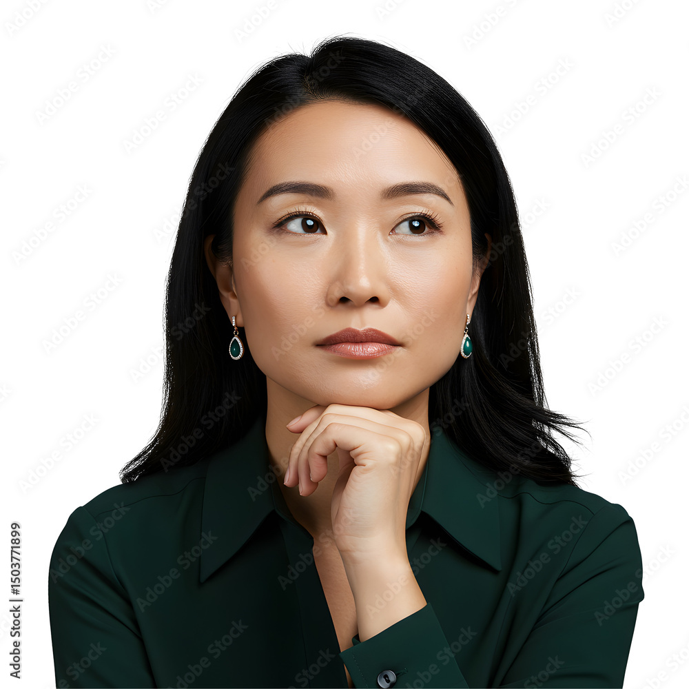 Serious Asian businesswoman with hand on chin looking to the side thoughtfully Serious Asian businesswoman with hand on chin looking to the side thoughtfully