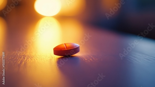 Close up of a single red pill on a wooden surface with soft lighting effects
