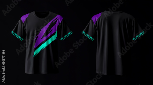 T-shirt vector design, black background with purple and teal highlights