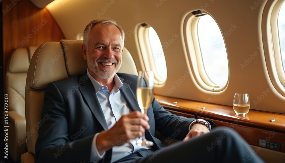 Fototapeta premium Smiling businessman enjoys champagne in airplane business class. Luxury travel concept, showing success, relaxation, affluent lifestyle. Happy, wealthy executive on private jet, pro corporate travel.