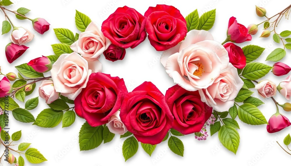 Obraz premium Elegant floral garland border with red, pink & white roses and green leaves , rose garland, wallpaper