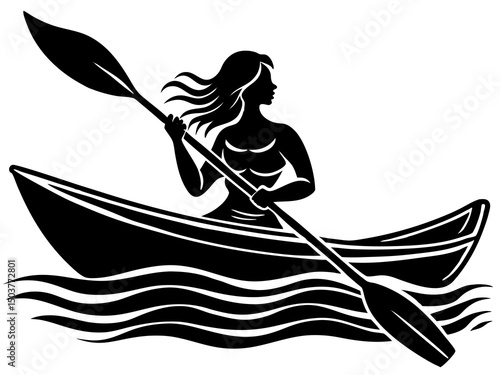 Paddle sports silhouette vector, Silhouette of a Woman Kayaking vector,  Paddling a kayak silhouette vector illustration