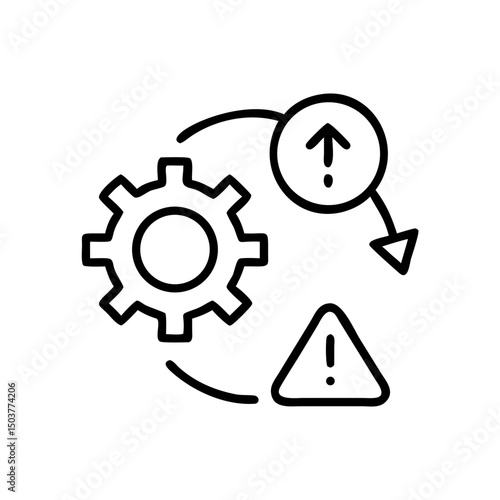 Gear, alert, and arrow icon in line style, travel risk strategy and business planning