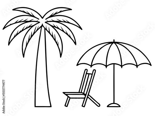 Beach chair palm tree outline silhouette Vector isolated, Beach scene, chaise lounge, umbrella, palm trees, relaxing, vacation, black and white, illustration, graphic