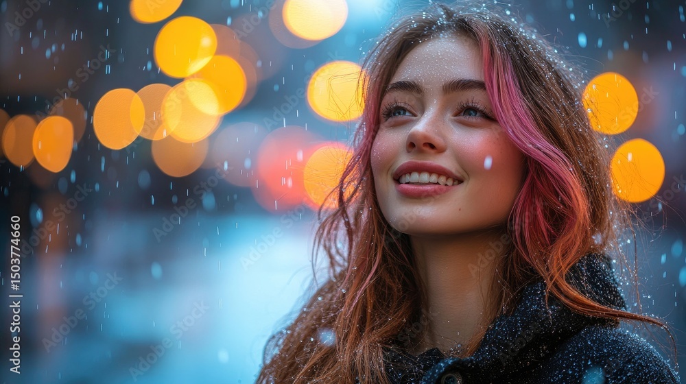 Smiling woman in winter snowfall Smiling woman in winter snowfall