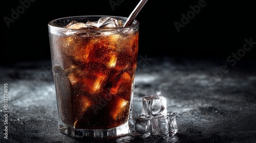 Wallpaper Mural Iced cola in a glass with a straw and ice cubes on a dark surface against a dark background scene Torontodigital.ca