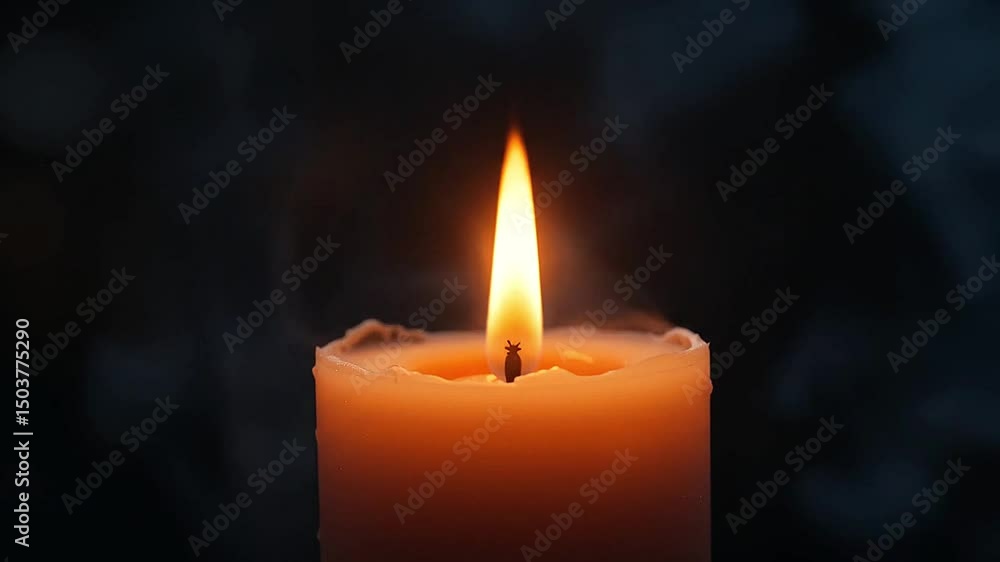 Side-focused flame flickering on wax candle with rich dark space Side-focused flame flickering on wax candle with rich dark space
