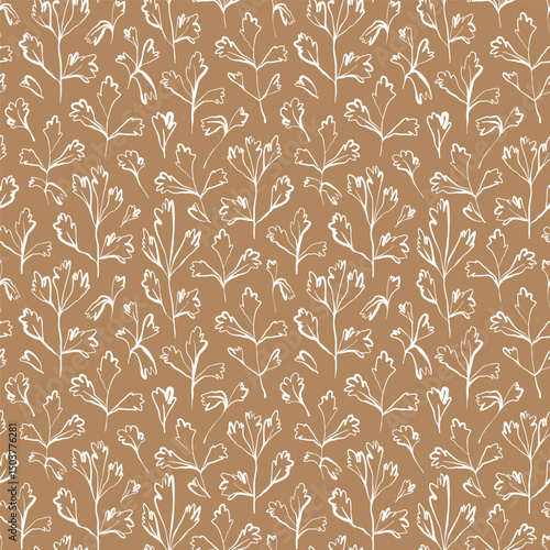 Whimsical parsley seamless pattern in white on mustard sandy background with hand drawn flowing lines