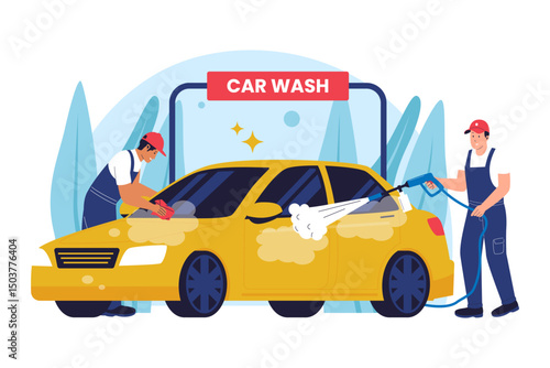 Flat Vector Illustration of Car Wash Process with Workers Cleaning Vehicle. Illustrations for websites, landing pages, mobile apps, posters and banners
